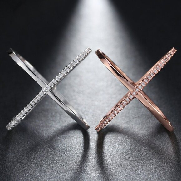 Two Lines Cross X Shape Rose Gold Ring for Women, VIP140 - Picture 3 of 3